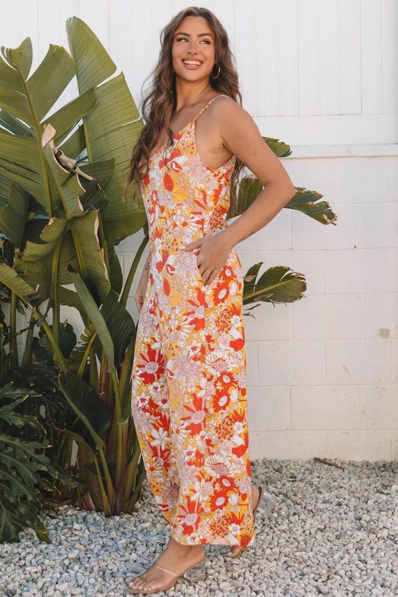 Orange Floral V Neck Wide Leg Sleeveless Jumpsuit - Love Salve 