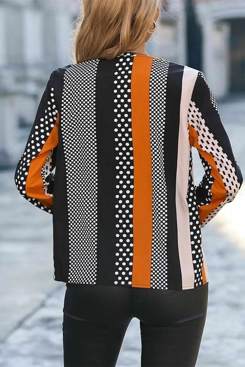 Orange Geo Print Colorblock Notched V Neck Blouse - Love Salve 