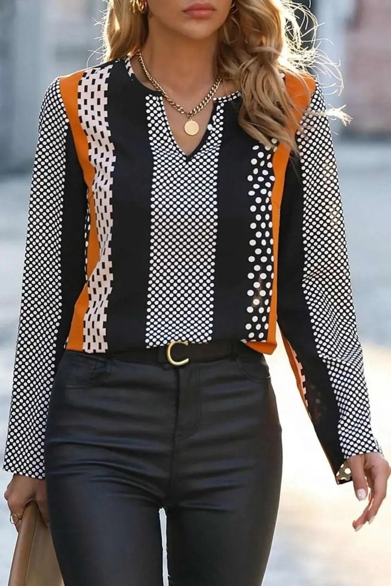 Orange Geo Print Colorblock Notched V Neck Blouse - Love Salve 