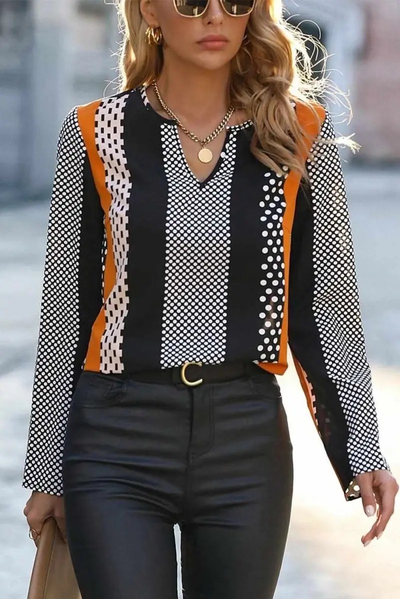 Orange Geo Print Colorblock Notched V Neck Blouse - Love Salve 