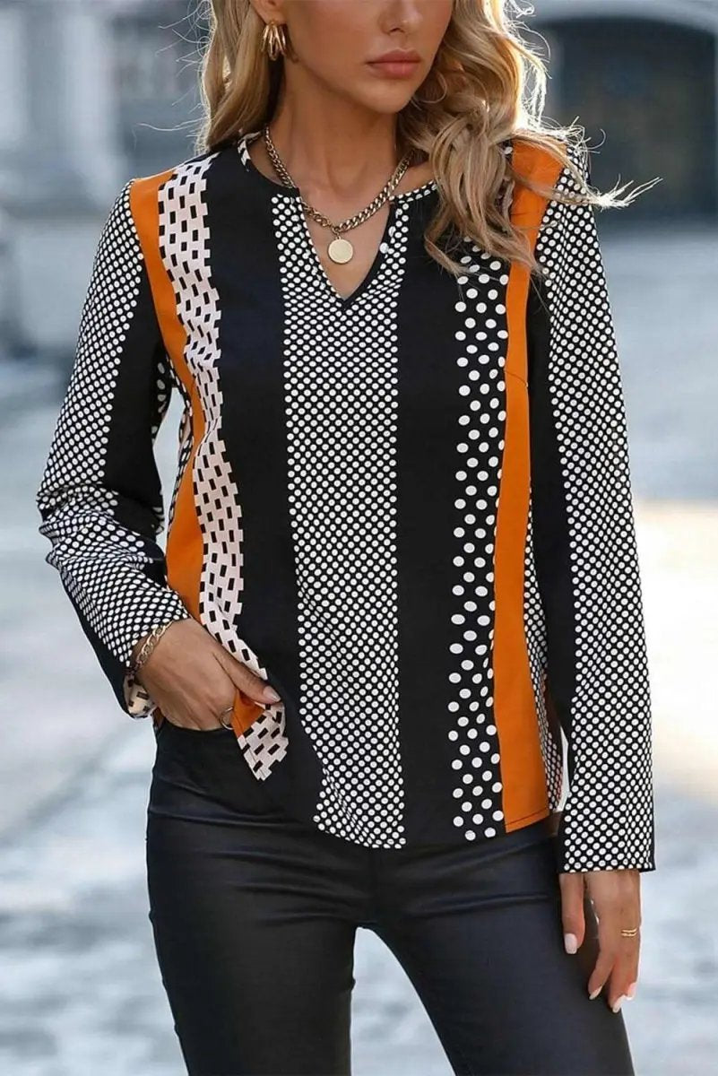 Orange Geo Print Colorblock Notched V Neck Blouse - Love Salve 