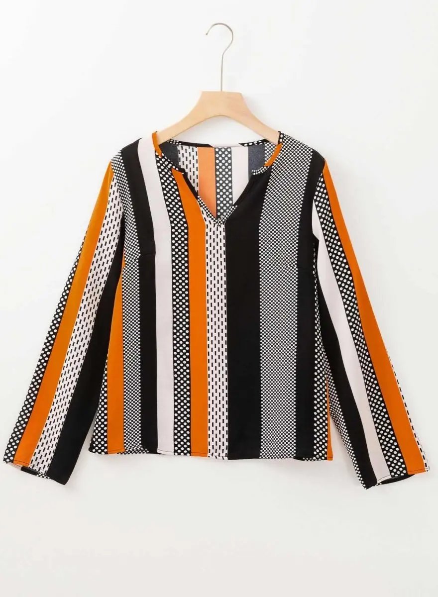 Orange Geo Print Colorblock Notched V Neck Blouse - Love Salve 