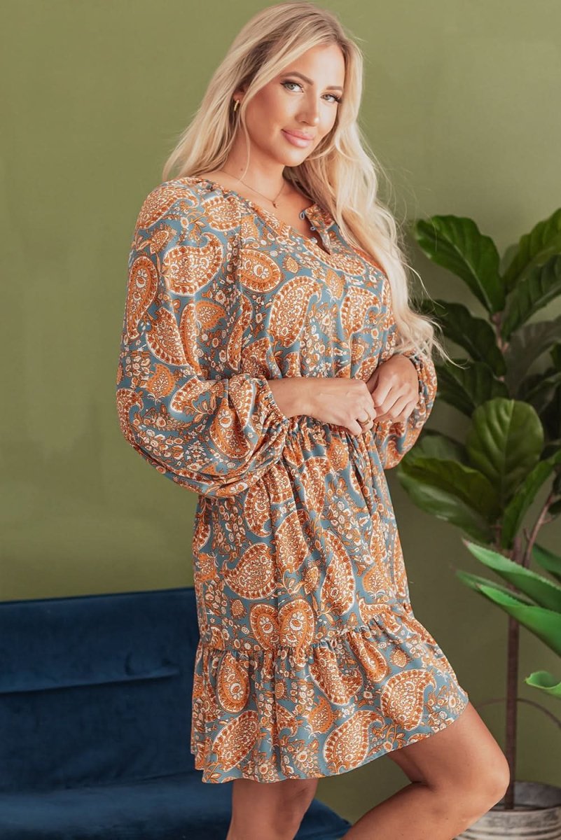 Orange Paisley Print Loose Fit Drawstring High Waist Mini Dress - Love Salve 