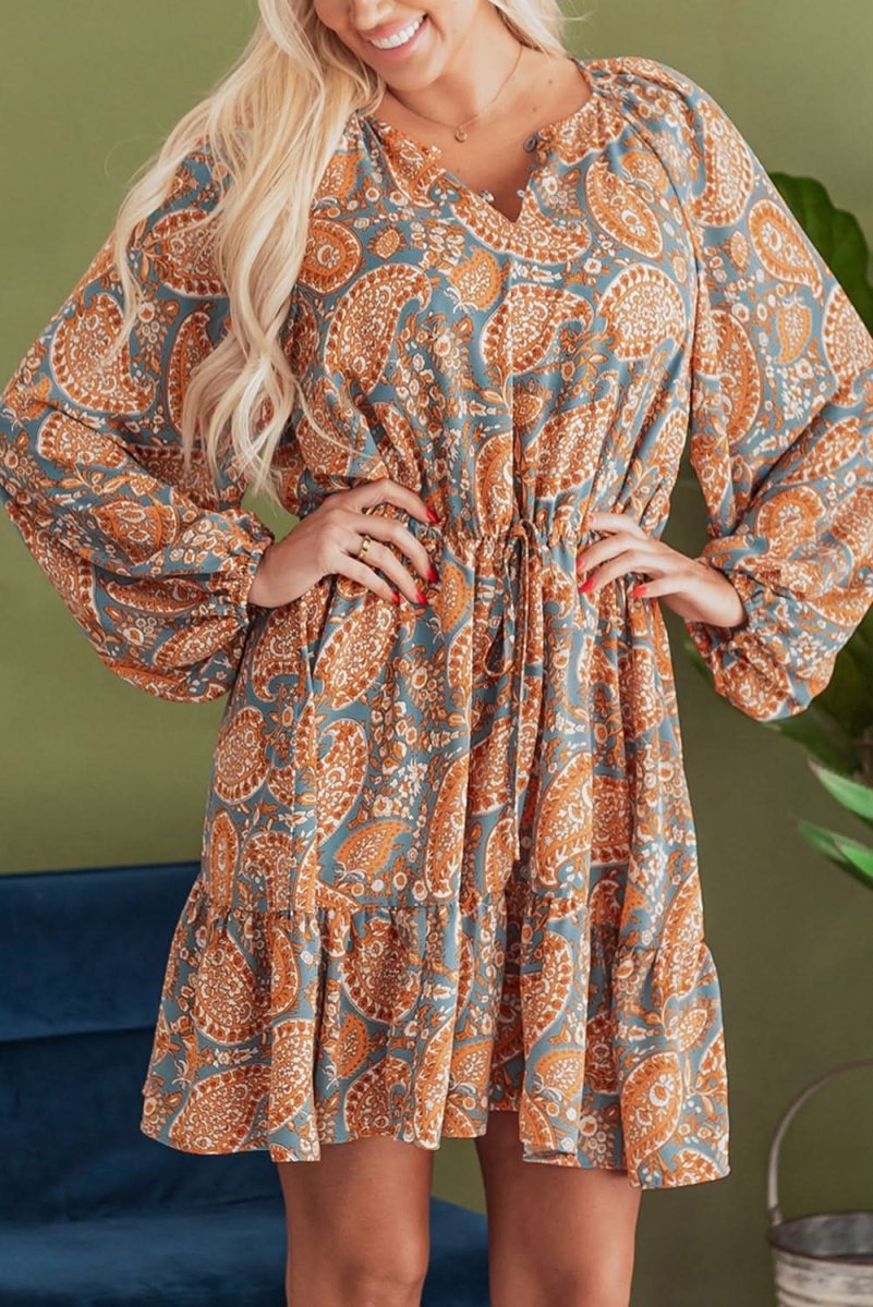Orange Paisley Print Loose Fit Drawstring High Waist Mini Dress - Love Salve 