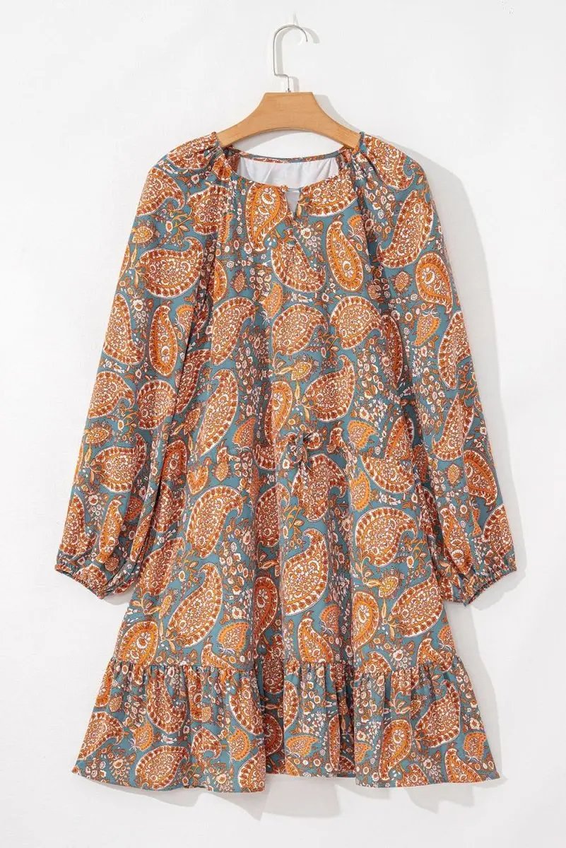 Orange Paisley Print Loose Fit Drawstring High Waist Mini Dress - Love Salve 