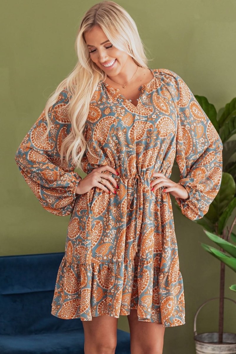 Orange Paisley Print Loose Fit Drawstring High Waist Mini Dress - Love Salve 