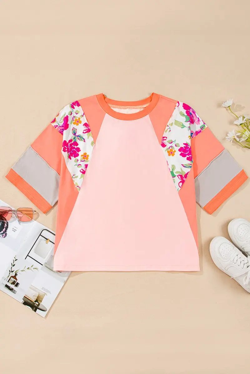 Orange Plus Size Floral Print Patchwork Raglan Half Sleeve Top - Love Salve 