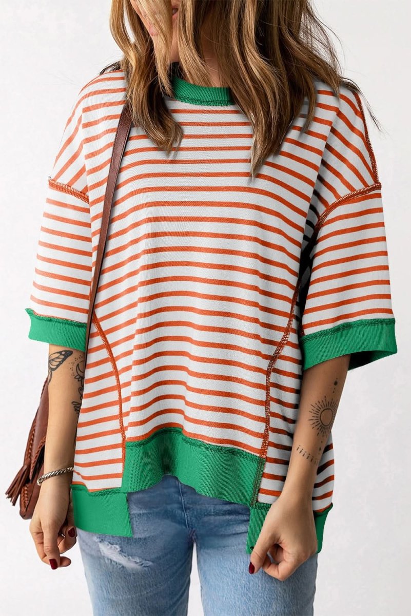 Orange Stripe Oversized Contrast Trim Exposed Seam T Shirt - Love Salve 