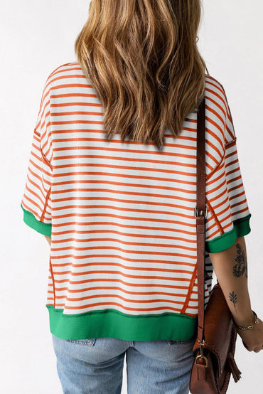 Orange Stripe Oversized Contrast Trim Exposed Seam T Shirt - Love Salve 
