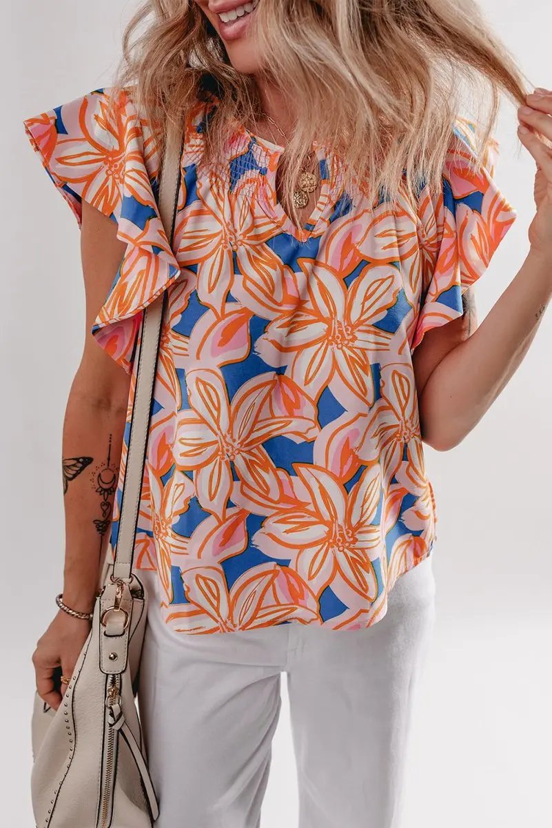 Orange Summer Flower Print Notched Neck Ruffle Sleeve Blouse - Love Salve 