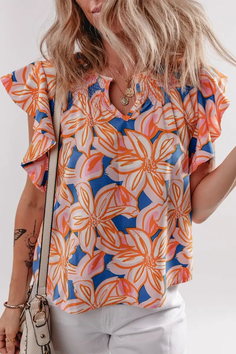 Orange Summer Flower Print Notched Neck Ruffle Sleeve Blouse - Love Salve 