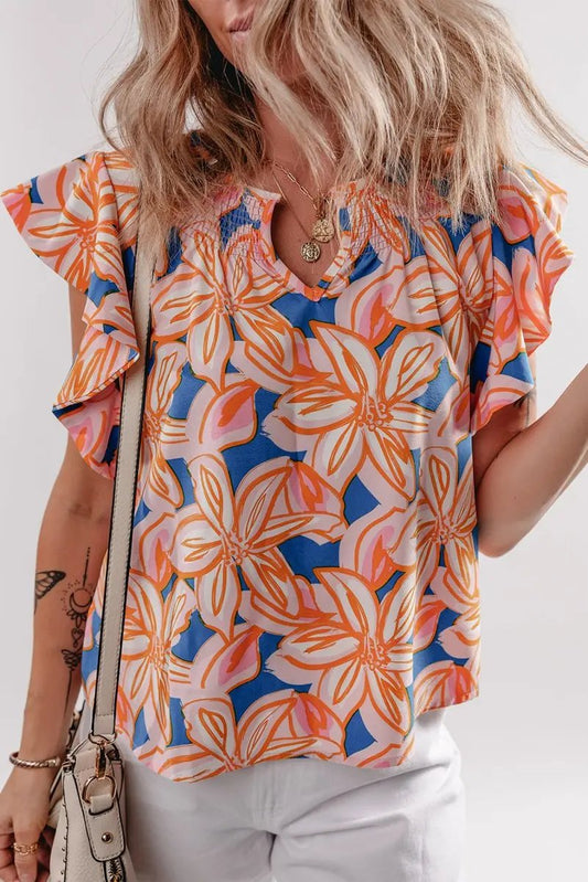 Orange Summer Flower Print Notched Neck Ruffle Sleeve Blouse - Love Salve 