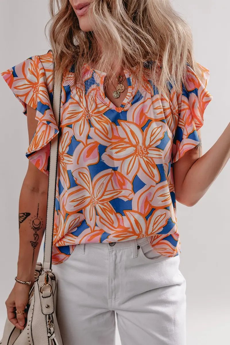 Orange Summer Flower Print Notched Neck Ruffle Sleeve Blouse - Love Salve 