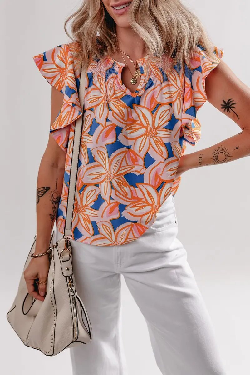 Orange Summer Flower Print Notched Neck Ruffle Sleeve Blouse - Love Salve 