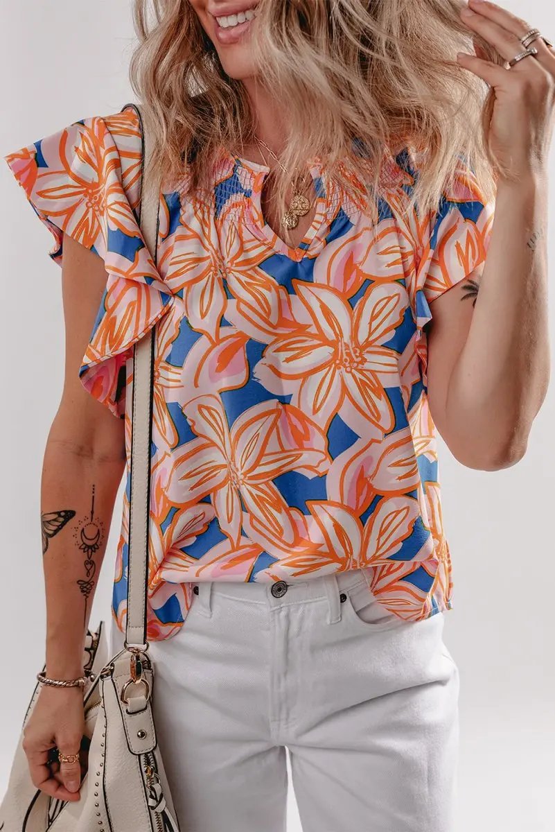 Orange Summer Flower Print Notched Neck Ruffle Sleeve Blouse - Love Salve 