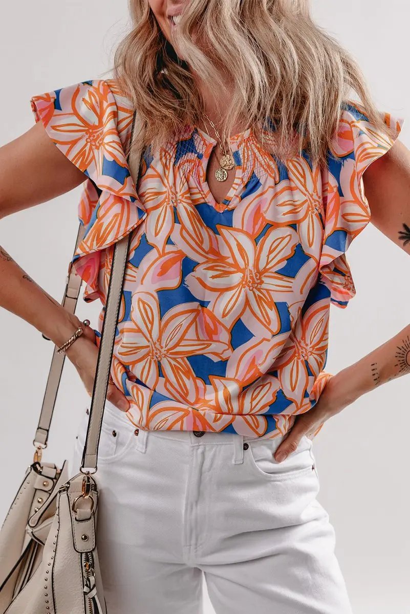 Orange Summer Flower Print Notched Neck Ruffle Sleeve Blouse - Love Salve 