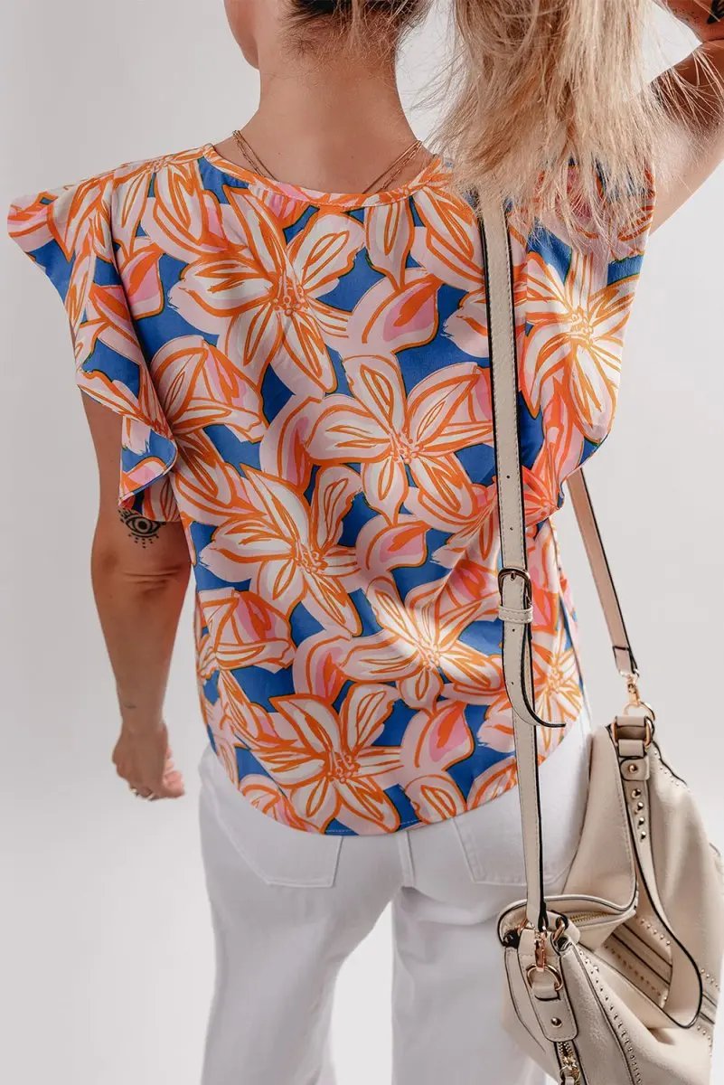 Orange Summer Flower Print Notched Neck Ruffle Sleeve Blouse - Love Salve 