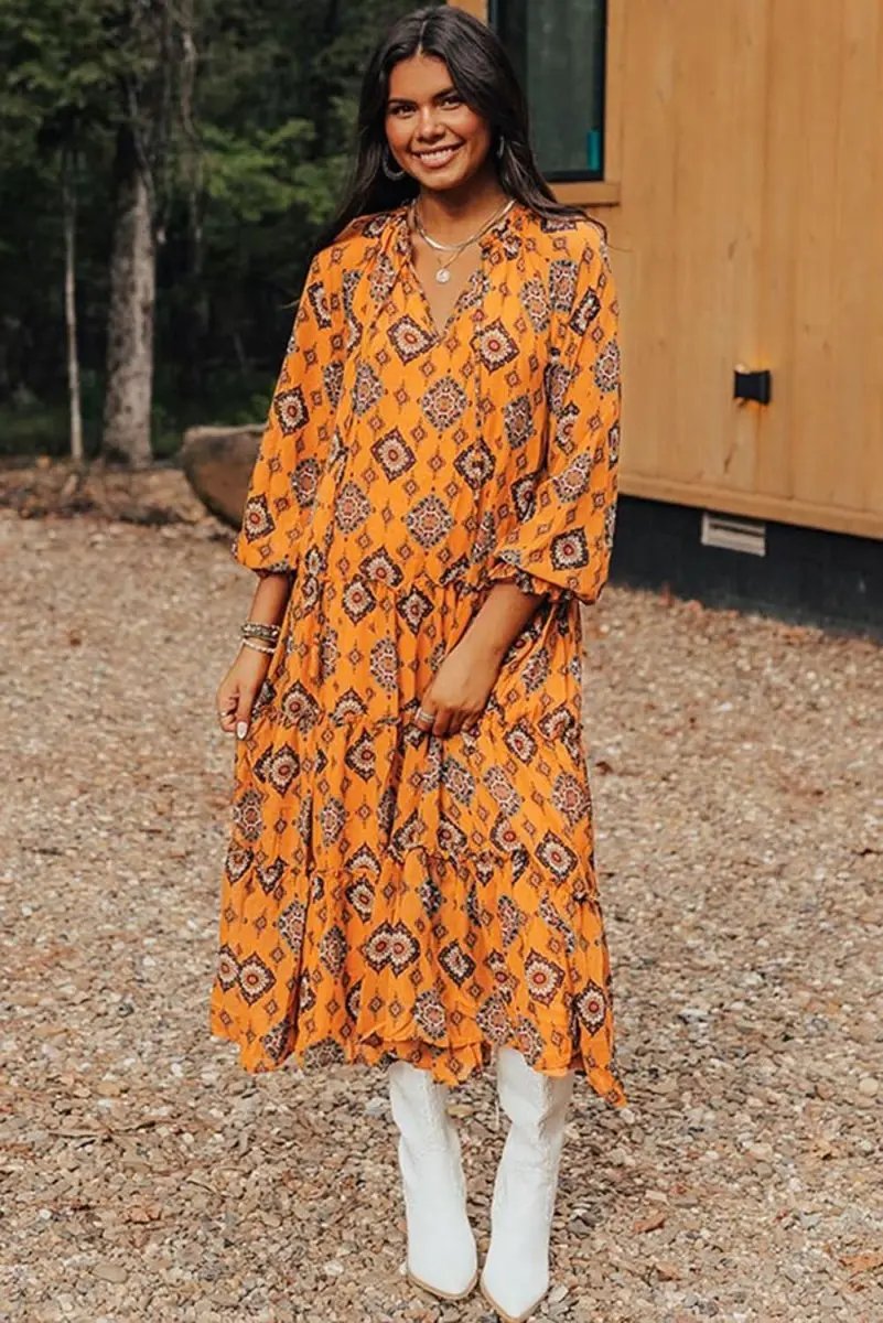 Orange Western Geometric Print Tiered Frilled Loose Fit Midi Dress - Love Salve 