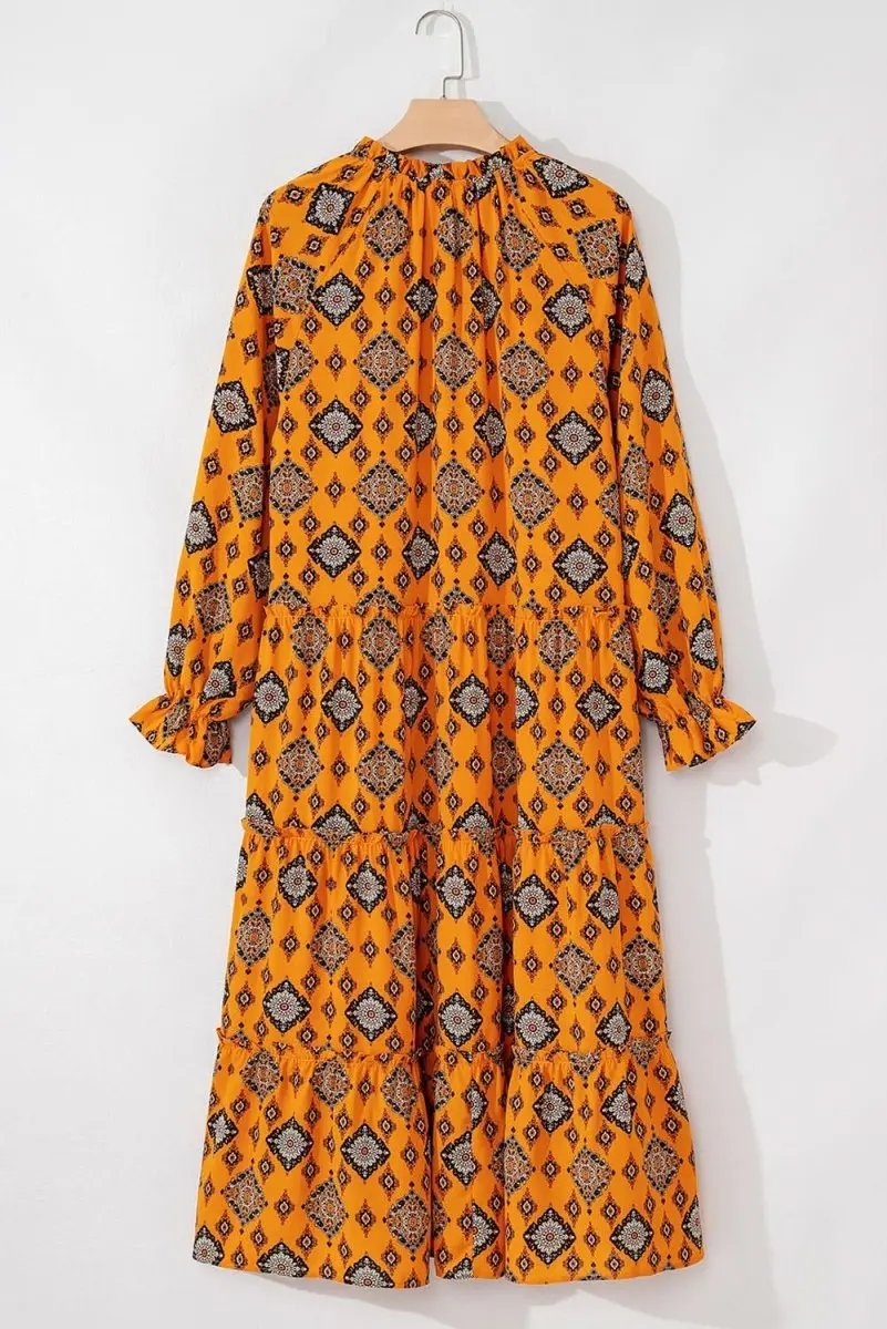 Orange Western Geometric Print Tiered Frilled Loose Fit Midi Dress - Love Salve 