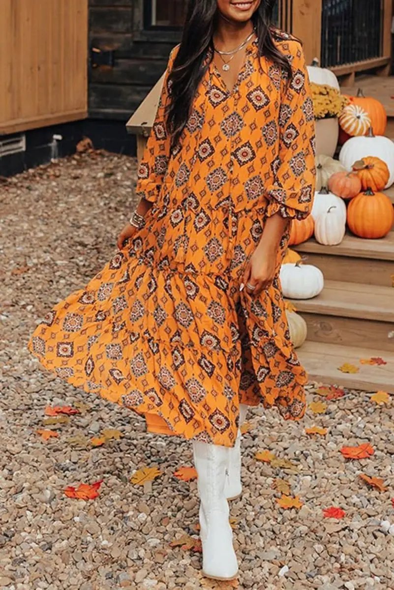 Orange Western Geometric Print Tiered Frilled Loose Fit Midi Dress - Love Salve 