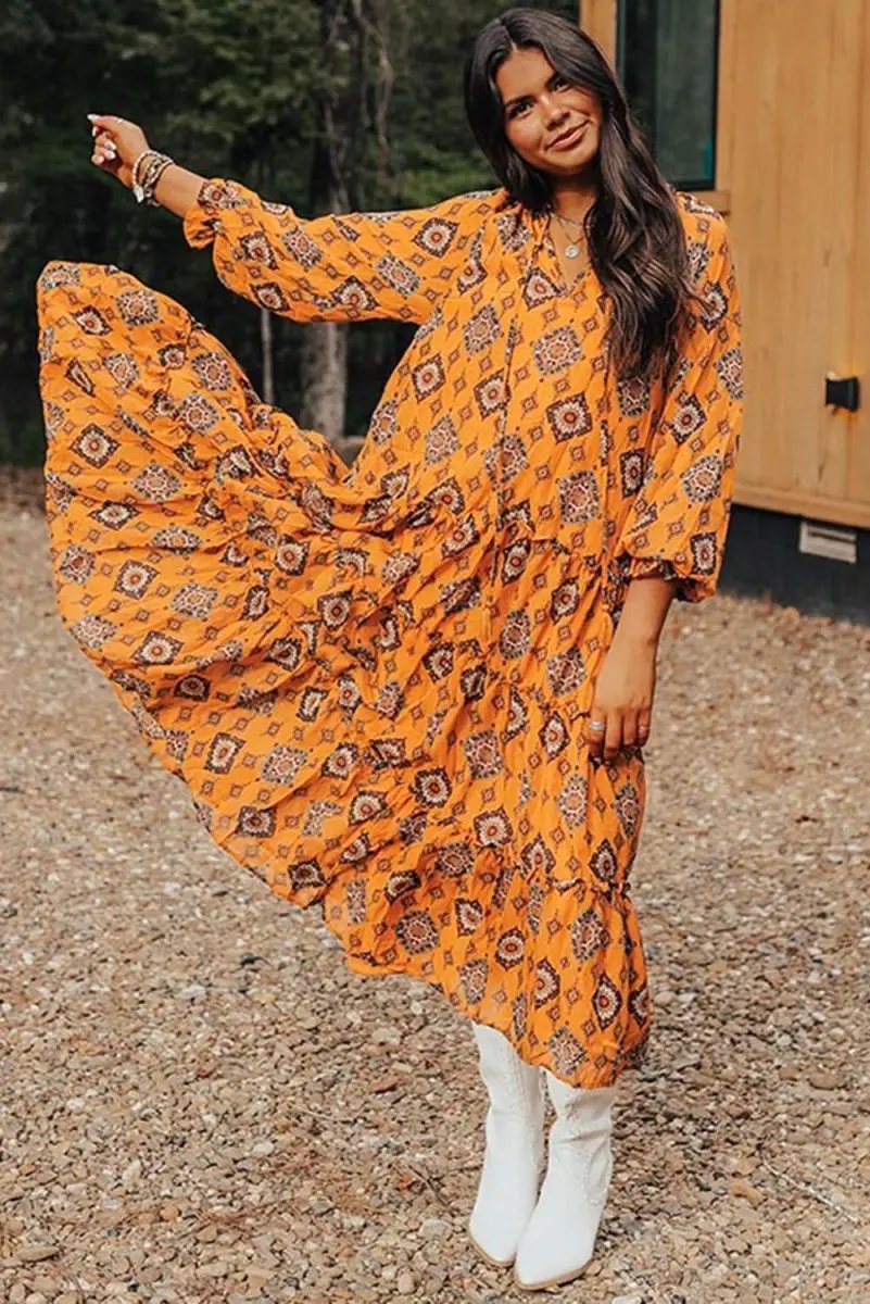 Orange Western Geometric Print Tiered Frilled Loose Fit Midi Dress - Love Salve 
