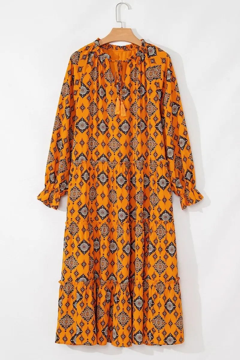 Orange Western Geometric Print Tiered Frilled Loose Fit Midi Dress - Love Salve 