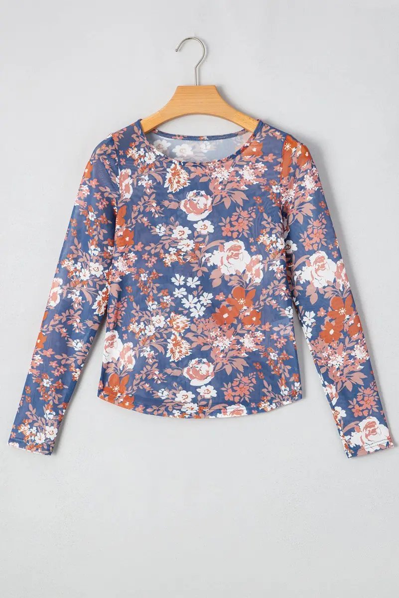 Orchid Petal Floral Print Mesh Fitted Long Sleeve Top - Love Salve 