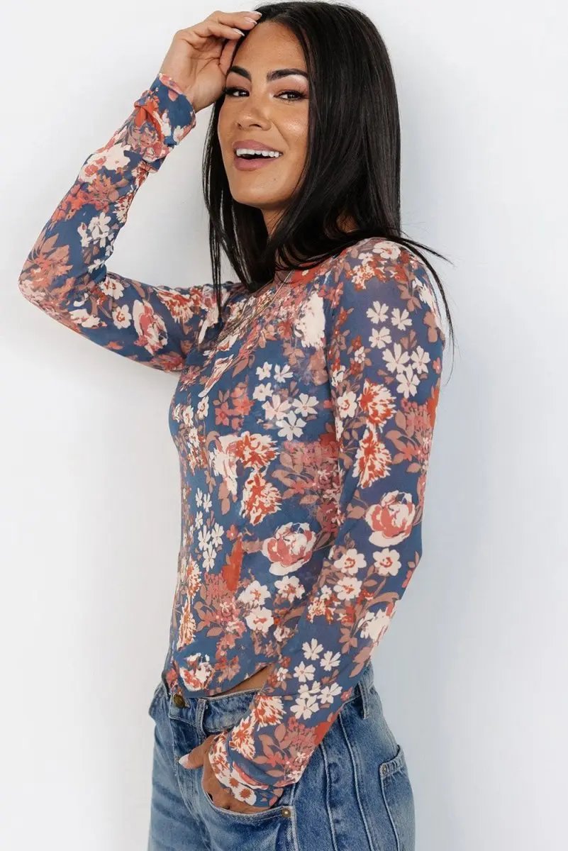 Orchid Petal Floral Print Mesh Fitted Long Sleeve Top - Love Salve 
