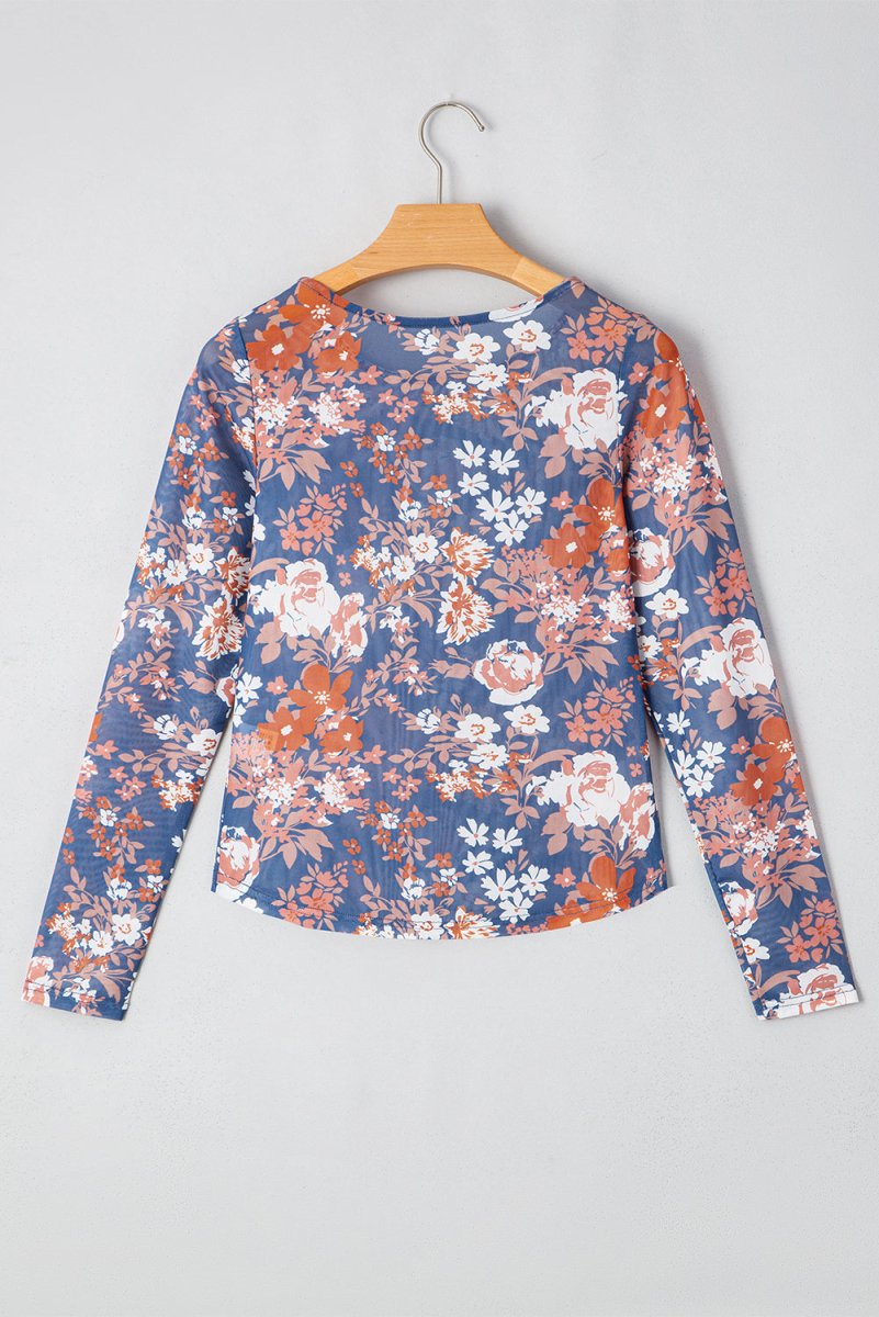 Orchid Petal Floral Print Mesh Fitted Long Sleeve Top - Love Salve