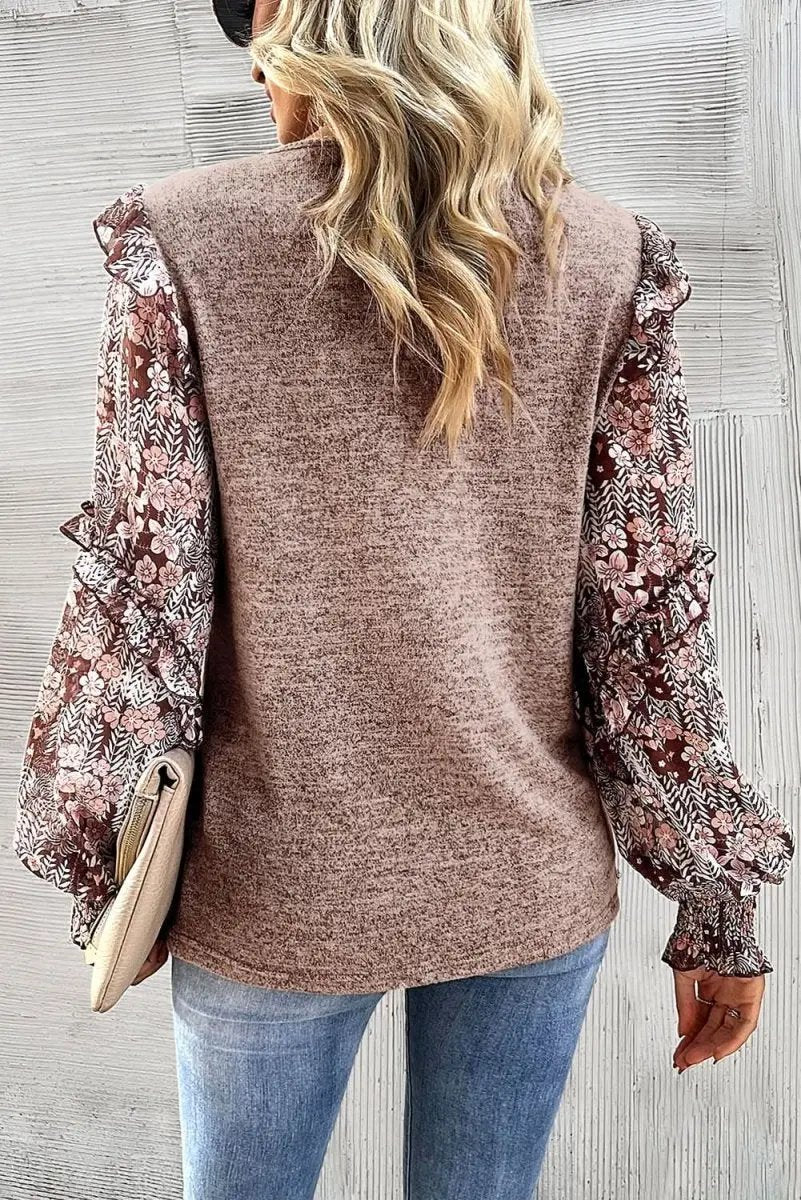 Pale Chestnut Ruffle Tiered Floral Sleeve Crew Neck Blouse - Love Salve 