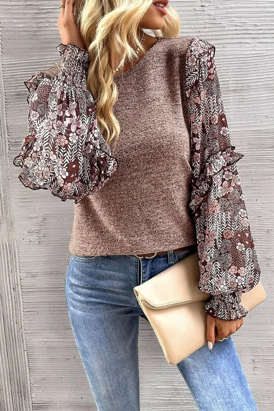 Pale Chestnut Ruffle Tiered Floral Sleeve Crew Neck Blouse - Love Salve 