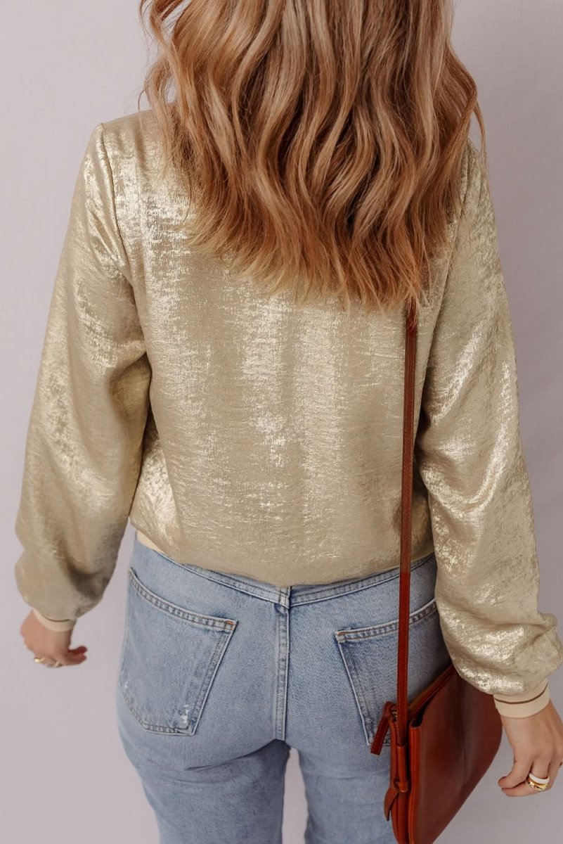 Pale Khaki Metallic Zip up Baseball Jacket - Love Salve 