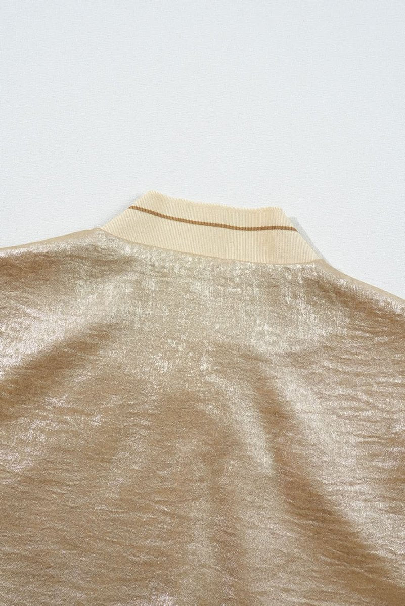 Pale Khaki Metallic Zip up Baseball Jacket - Love Salve 