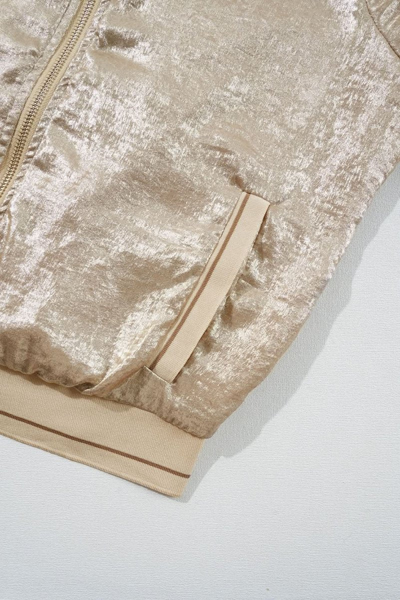 Pale Khaki Metallic Zip up Baseball Jacket - Love Salve 
