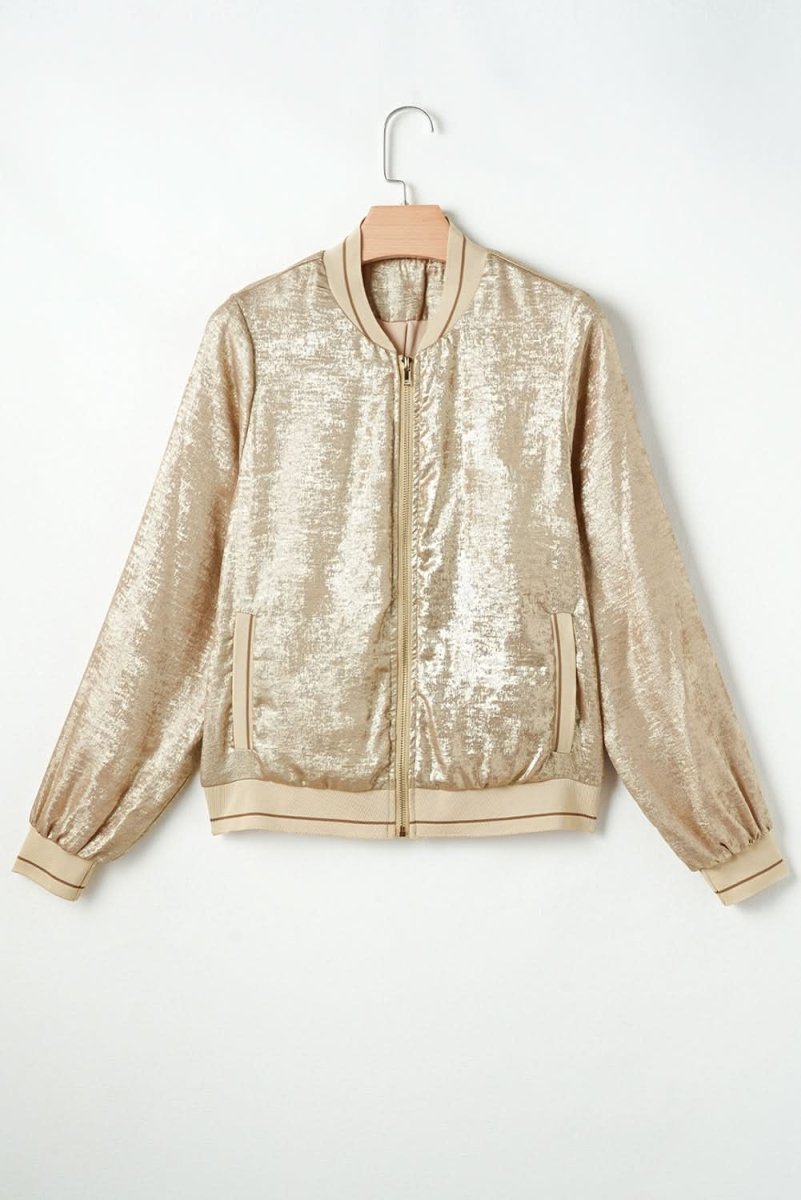 Pale Khaki Metallic Zip up Baseball Jacket - Love Salve 