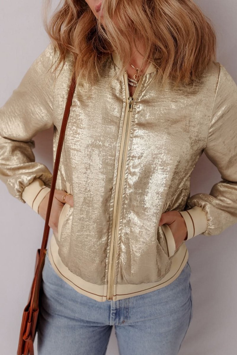 Pale Khaki Metallic Zip up Baseball Jacket - Love Salve 