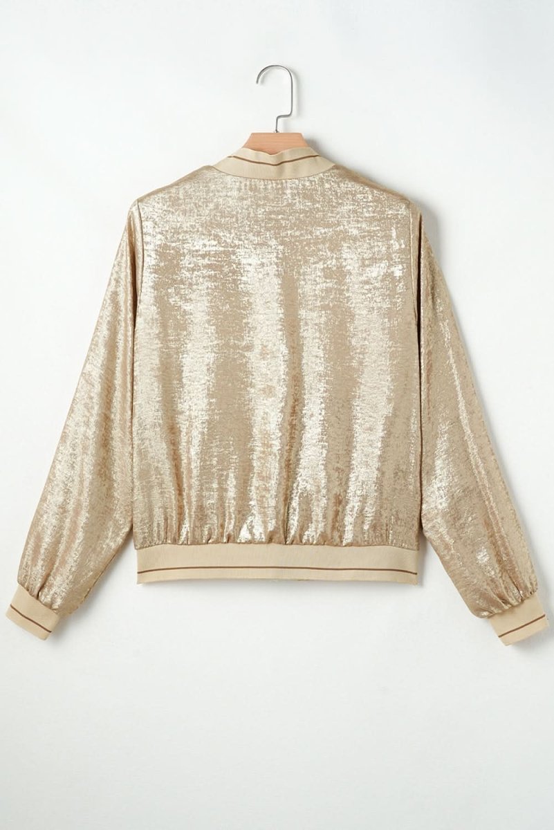 Pale Khaki Metallic Zip up Baseball Jacket - Love Salve 
