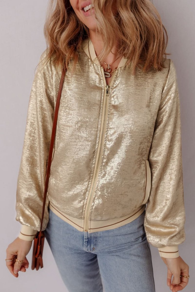 Pale Khaki Metallic Zip up Baseball Jacket - Love Salve 