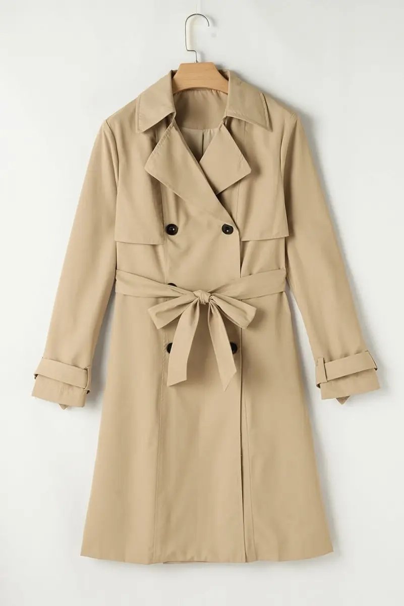 Pale Khaki Solid Color Lapel Collar Waist Tie Wind Coat - Love Salve 