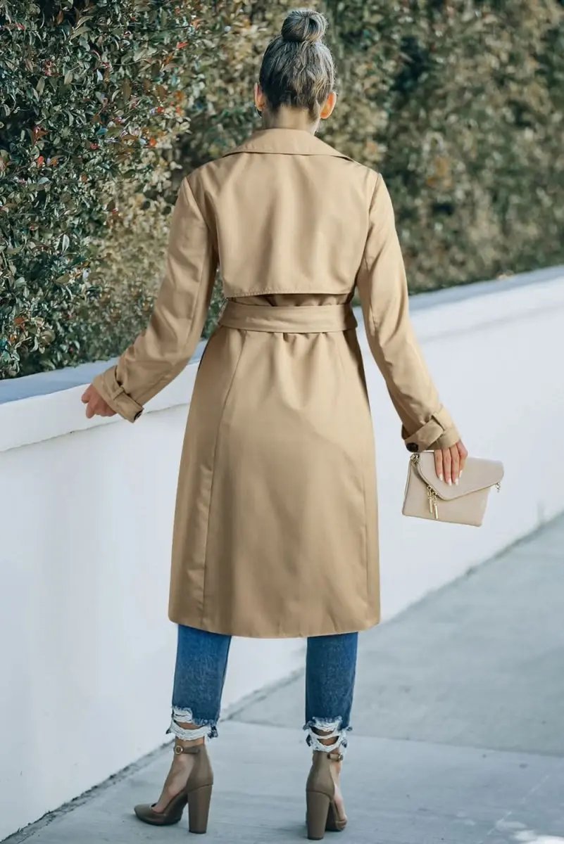 Pale Khaki Solid Color Lapel Collar Waist Tie Wind Coat - Love Salve 