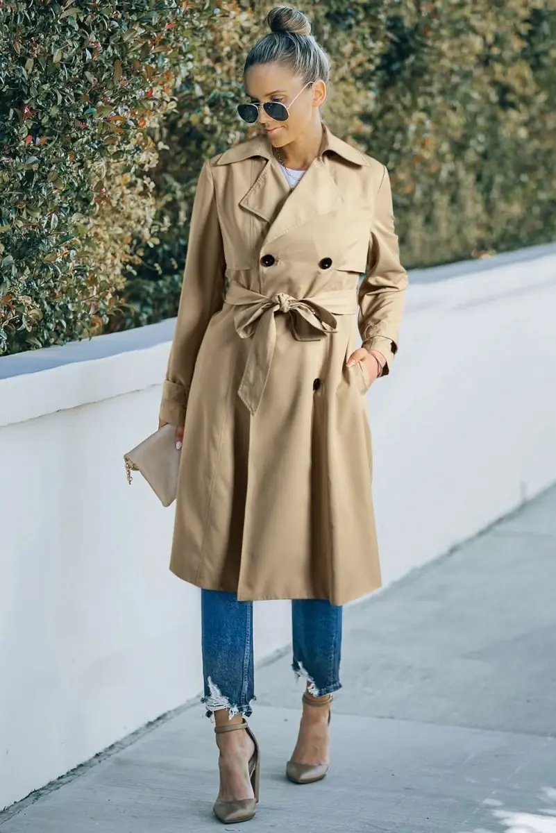 Pale Khaki Solid Color Lapel Collar Waist Tie Wind Coat - Love Salve 