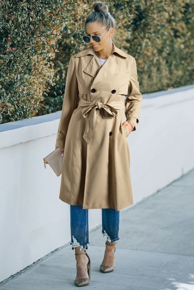 Pale Khaki Solid Color Lapel Collar Waist Tie Wind Coat - Love Salve 