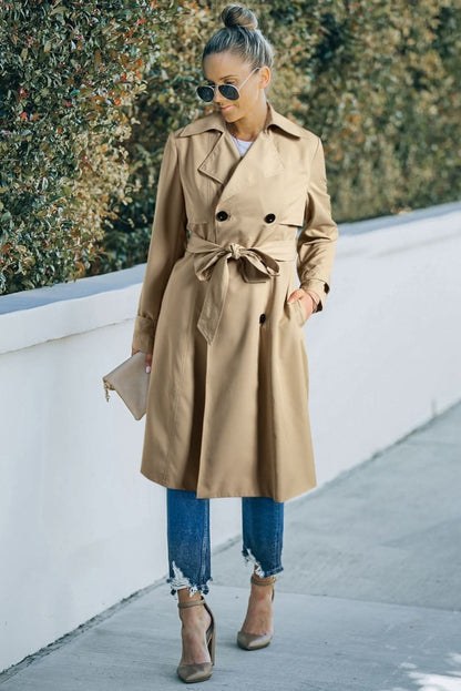 Pale Khaki Solid Color Lapel Collar Waist Tie Wind Coat - Love Salve 