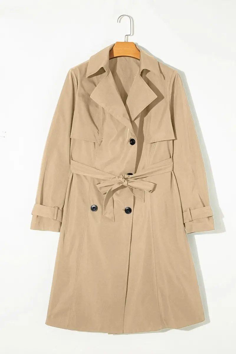 Pale Khaki Solid Color Lapel Collar Waist Tie Wind Coat - Love Salve 