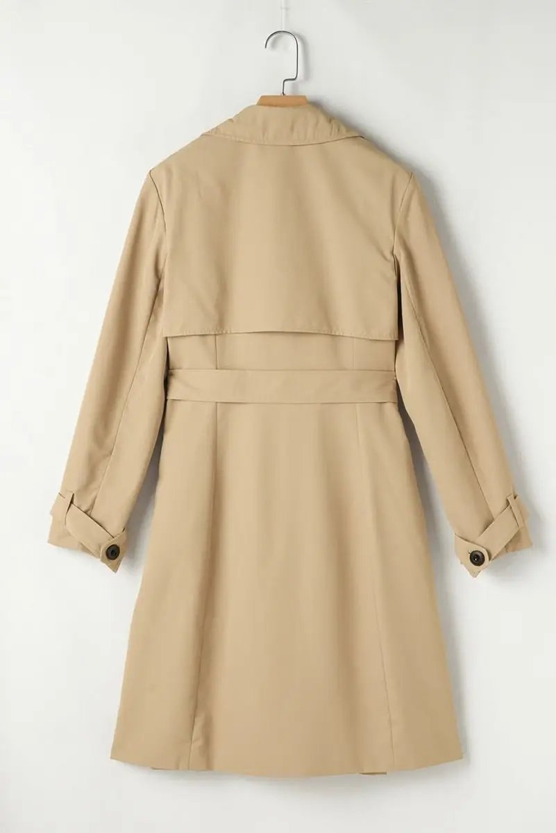 Pale Khaki Solid Color Lapel Collar Waist Tie Wind Coat - Love Salve 