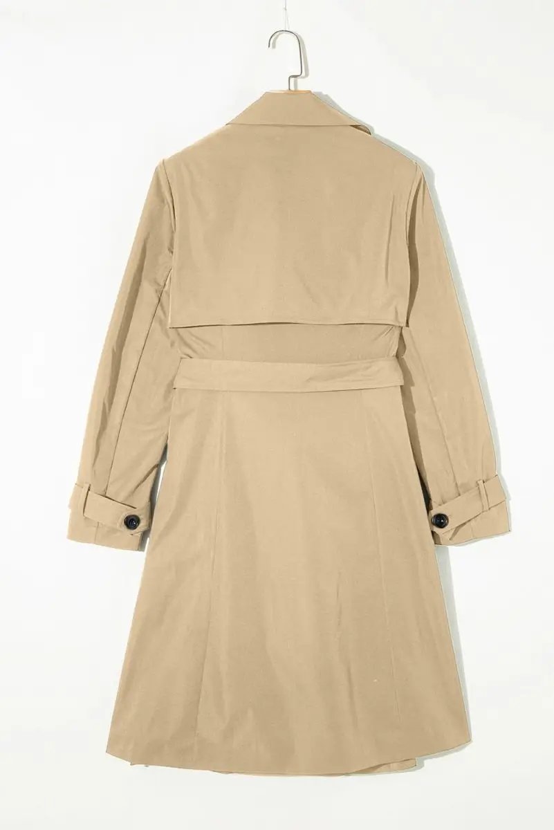 Pale Khaki Solid Color Lapel Collar Waist Tie Wind Coat - Love Salve 