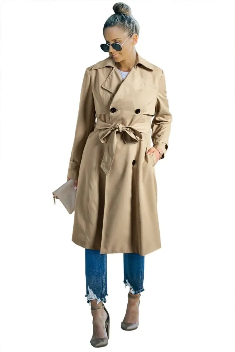 Pale Khaki Solid Color Lapel Collar Waist Tie Wind Coat - Love Salve 