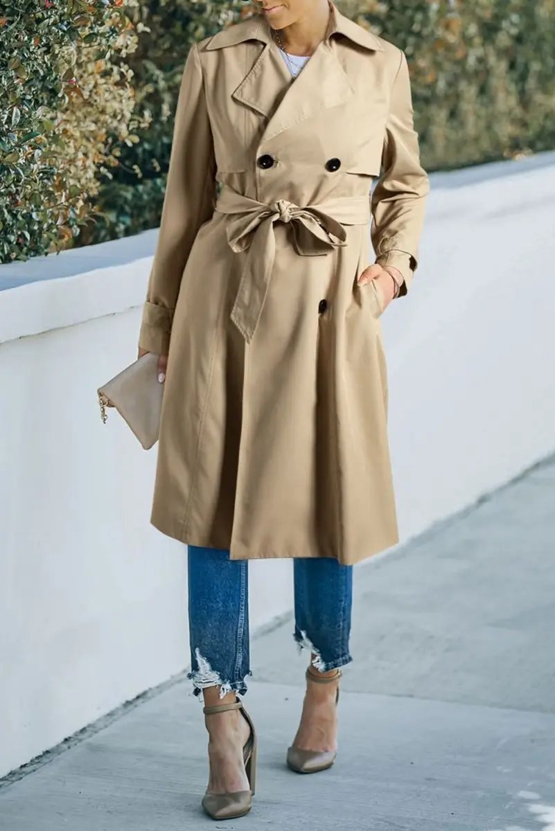 Pale Khaki Solid Color Lapel Collar Waist Tie Wind Coat - Love Salve 