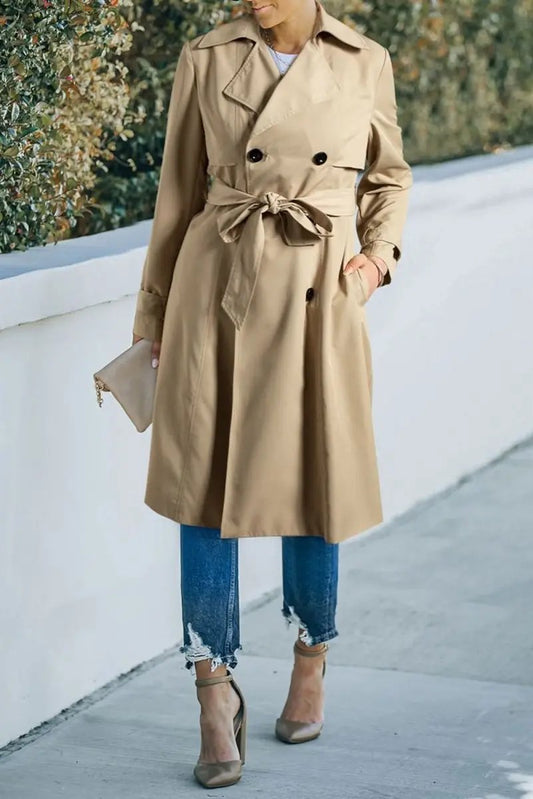 Pale Khaki Solid Color Lapel Collar Waist Tie Wind Coat - Love Salve 