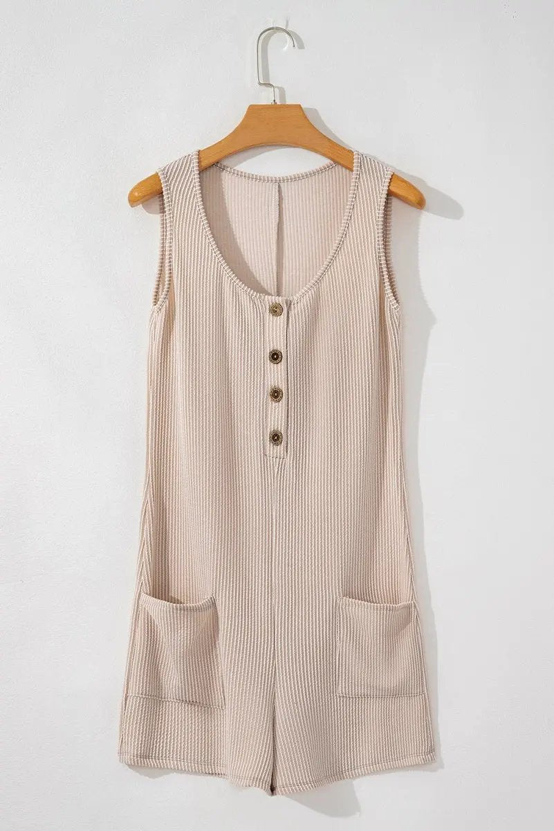 Parchment Corded Knit Side Pockets Buttoned Sleeveless Romper - Love Salve 